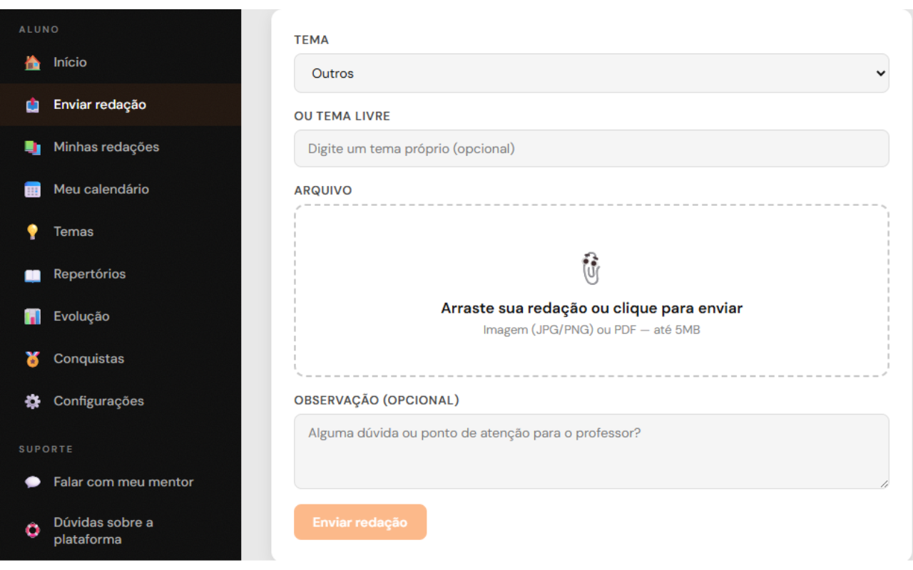 Tela de envio de redação